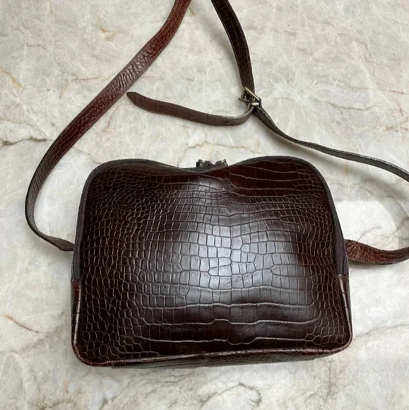 FURLA Croc Brown Leather Shoulder Crossbody Leopard Bag Made in Italy